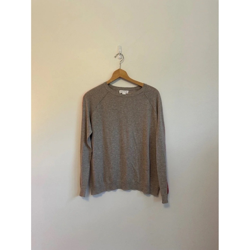 Velvet by Graham & Spencer Taupe Cotton Red Side Stripe Sweater | Size Small
